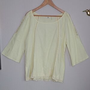Symple NYC Linen Tunic Pastel Yellow Lace Embroidered Ladder Stitch L